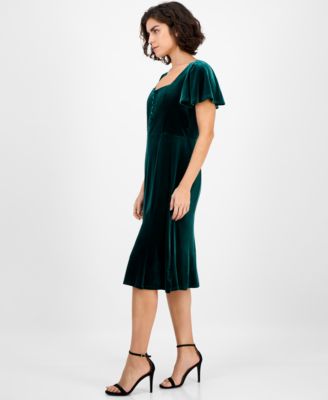 Women's Sweetheart-Neck Puff Sleeve Velvet Midi Dress