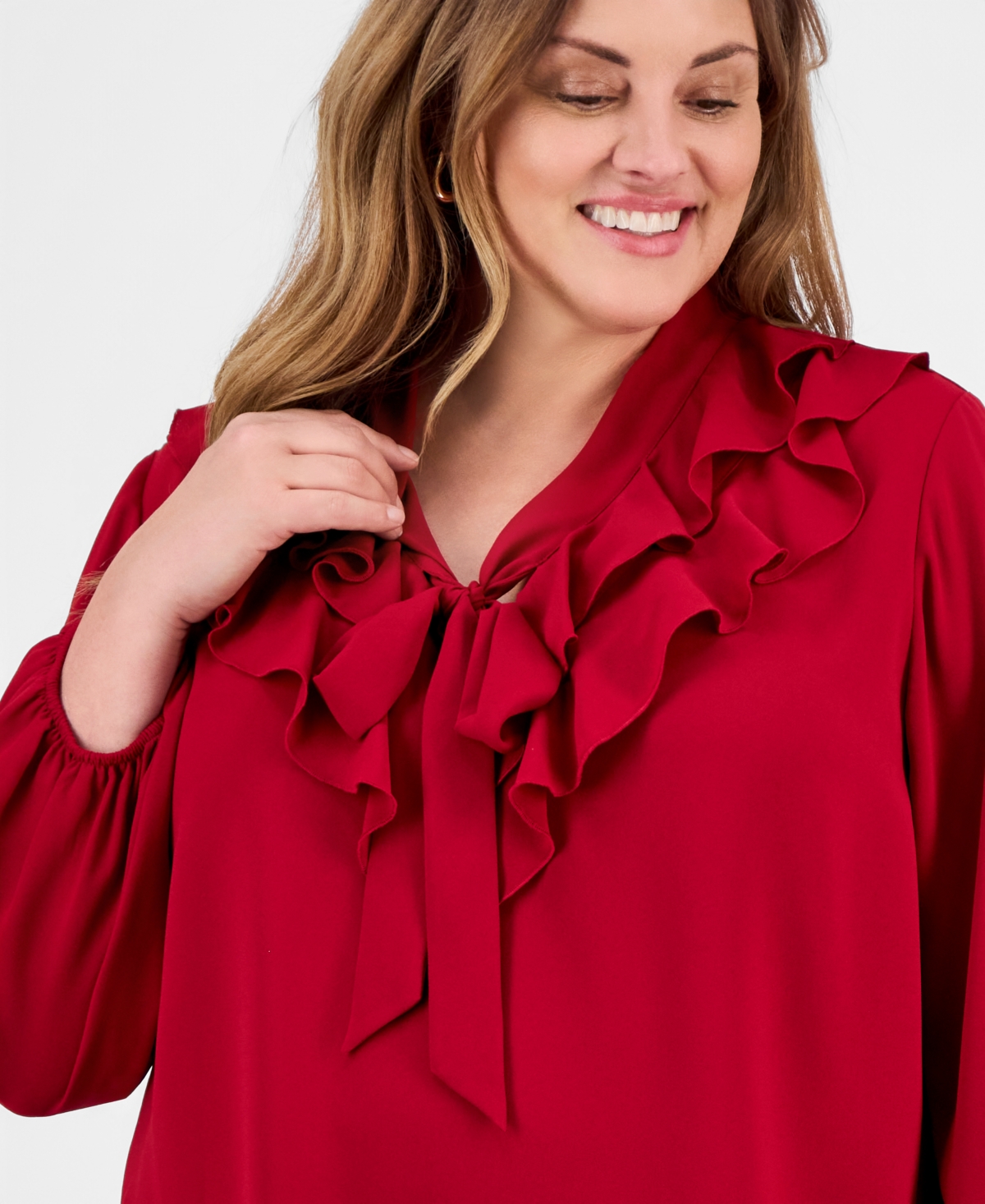 Kasper Plus Ruffled Tie-Front V-Neck Top