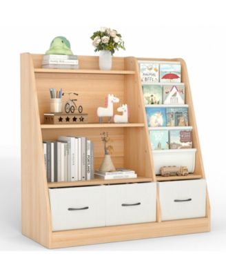 Wooden Kids Storage Organizer Shelf with Book Rack and Fabric Bins