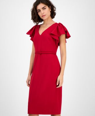 Women's V-Neck Ruffle-Sleeve Sheath Dress