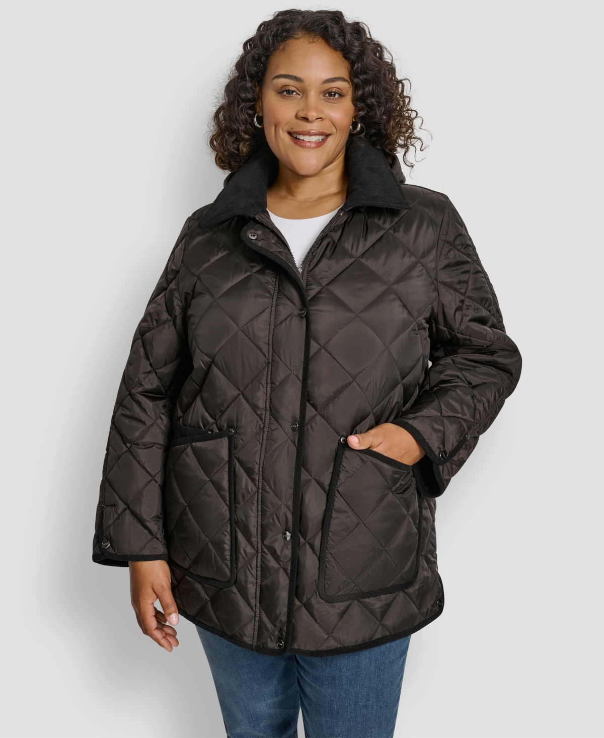 Dkny Plus Size Hooded Quilted Coat In Black