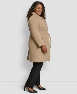 Plus Size Belted Zip-Up Wool Coat