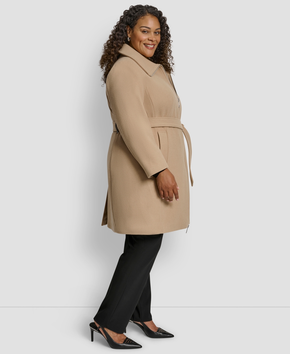 Dkny Plus Size Belted Coat In Brown