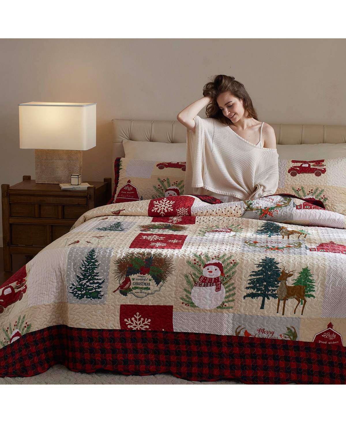 MarCielo 3 Piece Christmas Quilt Bedspread Snowman Reversible Quilt Set B013