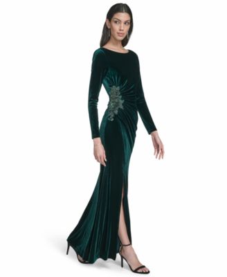 Petite Side Ruched Velvet Long Sleeve Gown