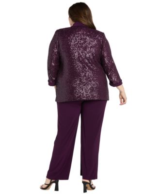 Plus Size Sequined Sleeveless Top, Open-Front Jacket & Pants Set