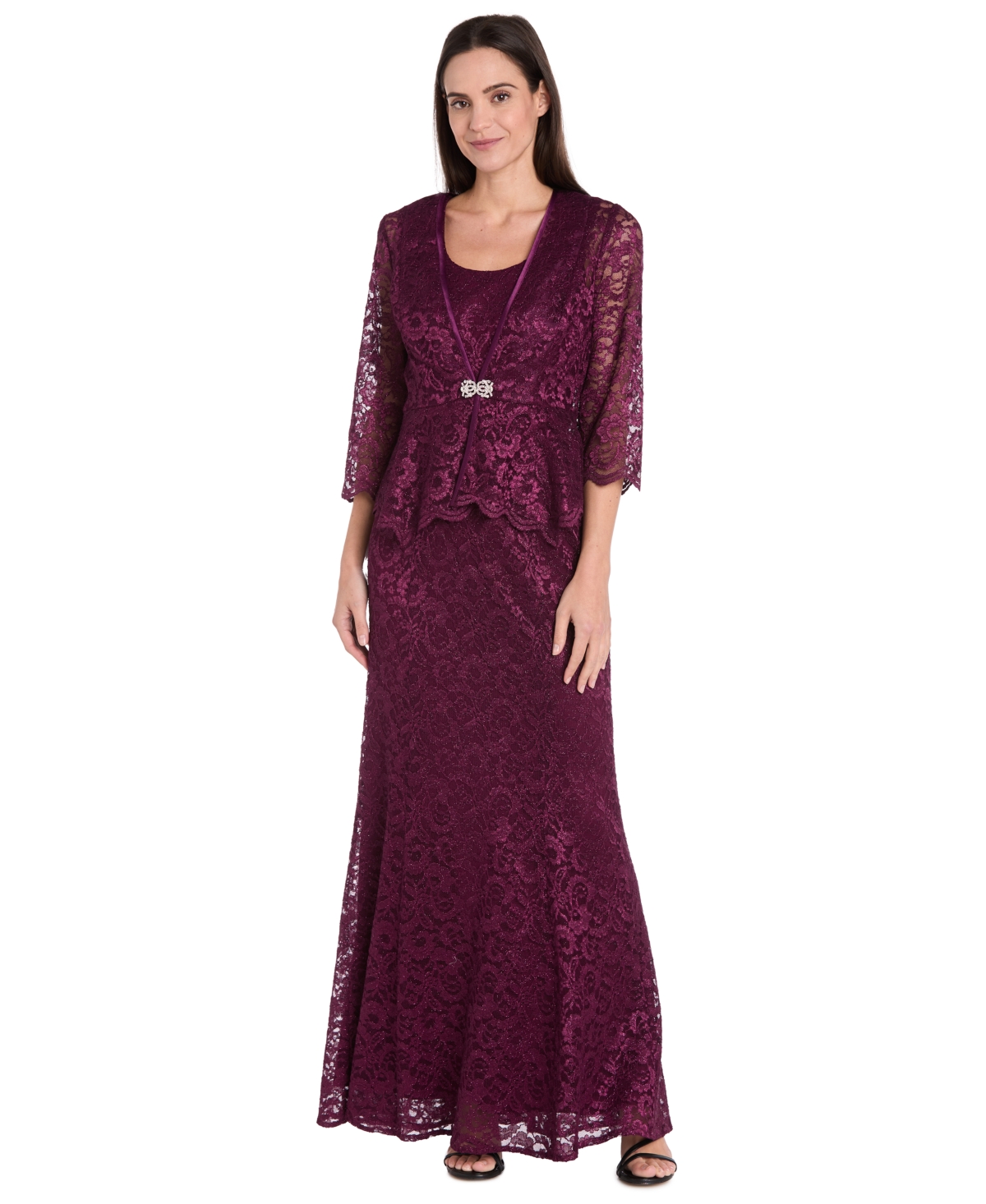R & M Richards Petite 2-Pc. Metallic-Lace Gown & Jacket Set - Wine