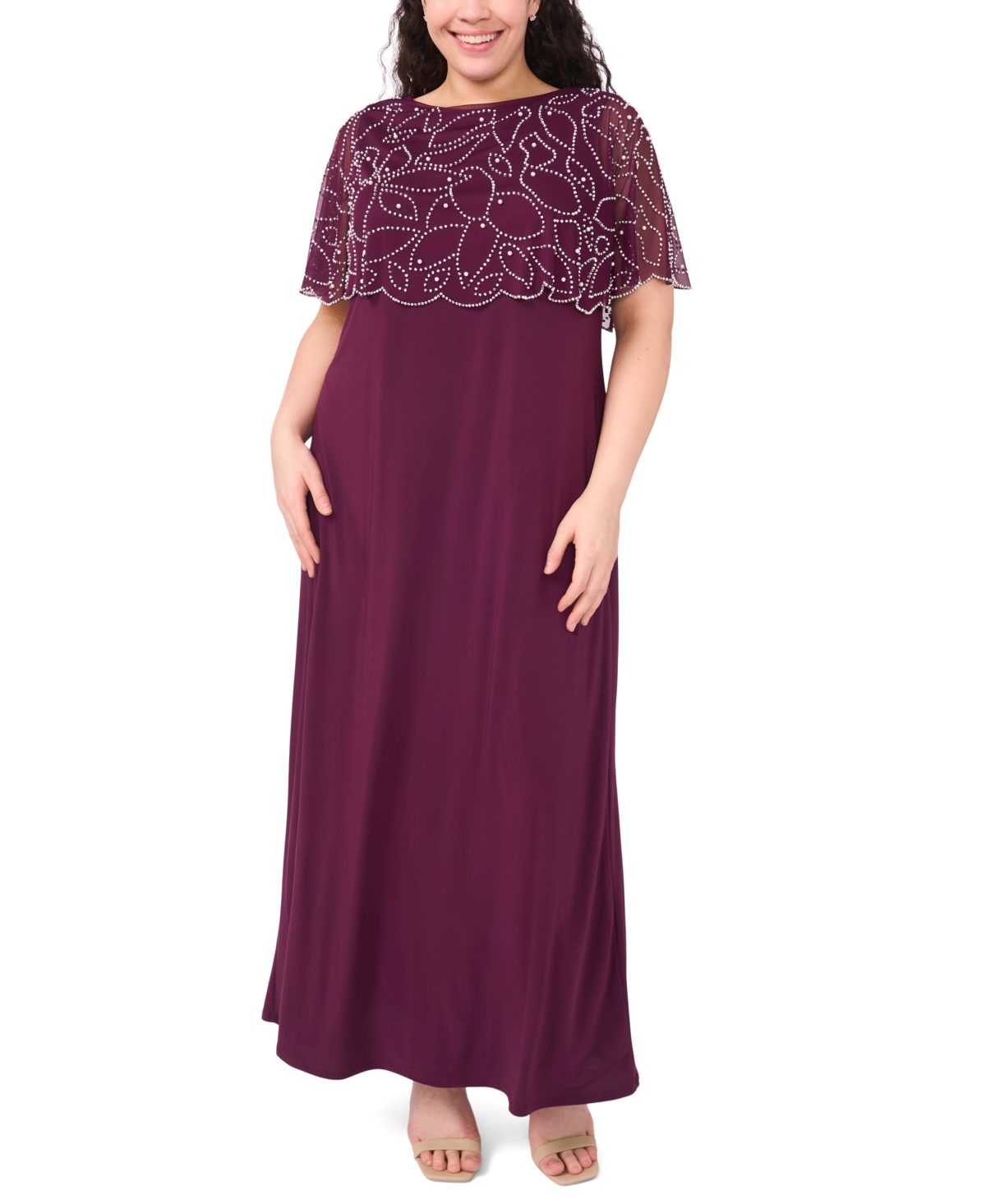 Msk Plus Round Neck Beaded Cape Maxi Dress