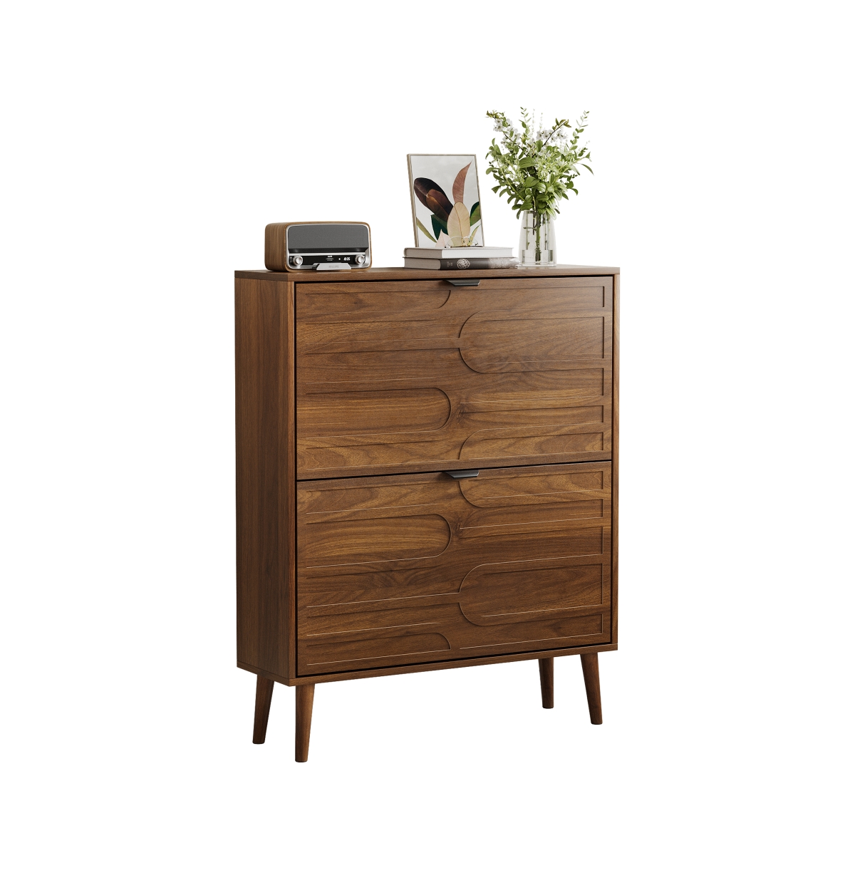 Chic Crate 31.5" Modern Walnut Shoe Cabinet with Flip Drawers, Entryway Storage for Hallway & Mudroom