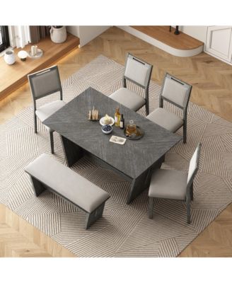 6-piece Retro Farmhouse Style Dining Set, Rectangular Table and 4 Upholstered Chairs with Rattan and Bench for Dining Room and Kitchen