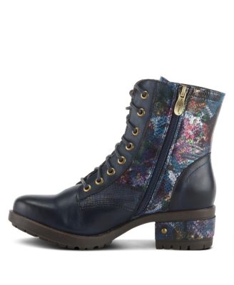 L Artiste Women s MARTY-MET Lace-Up Floral Metallic Boots with Faux Snakeskin Texture and Embossed Heel