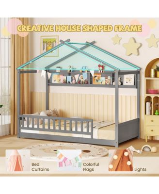 Twin Size House Bed w/Storage Shelf Headboard & Guardrail Wooden Slat Support