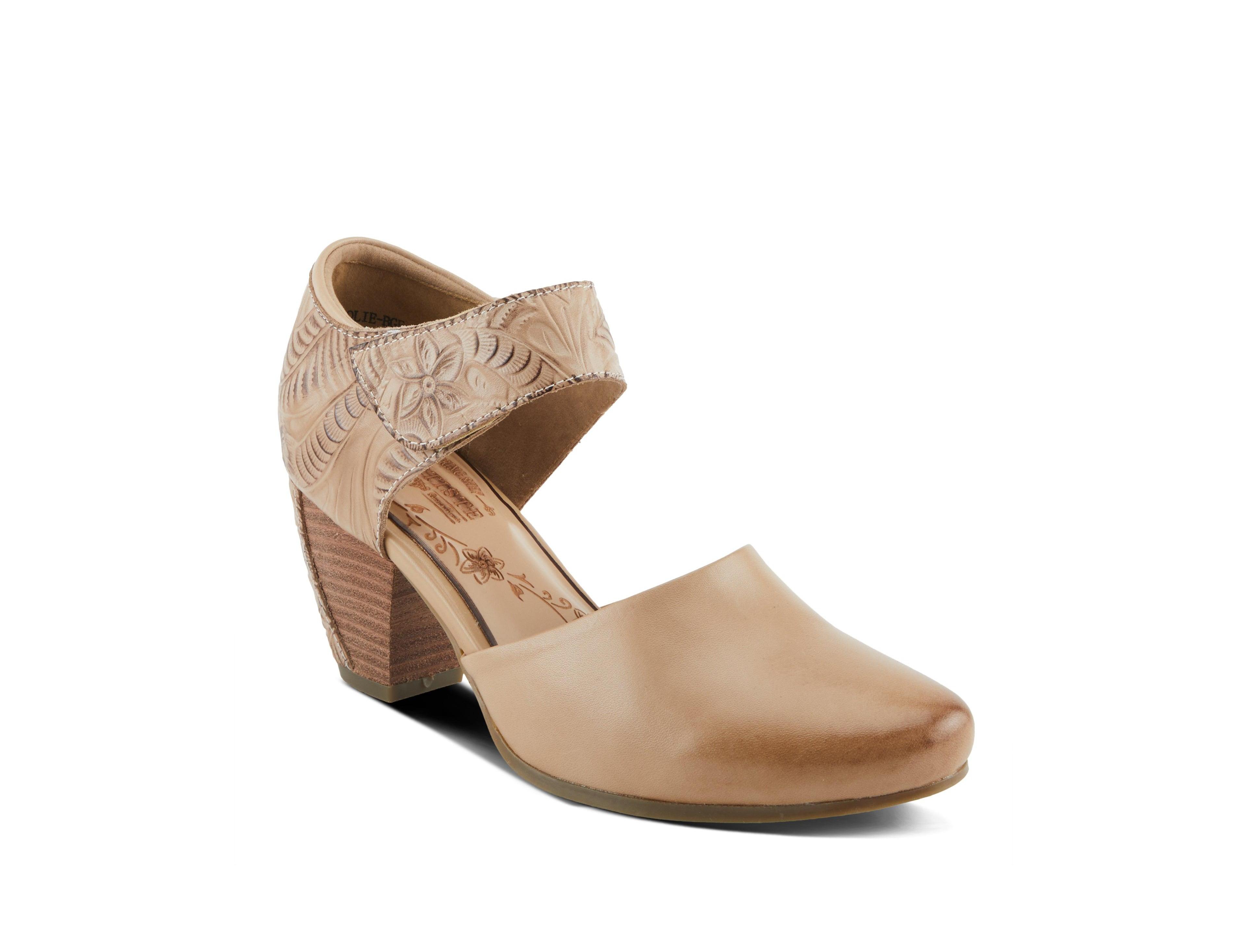 L'Artiste Women's Toolie Hand-Painted Leather D'Orsay Mary Jane Heels with Tooled Details, Hook-and-Loop Strap, Padded Collar, and Stacked Heel