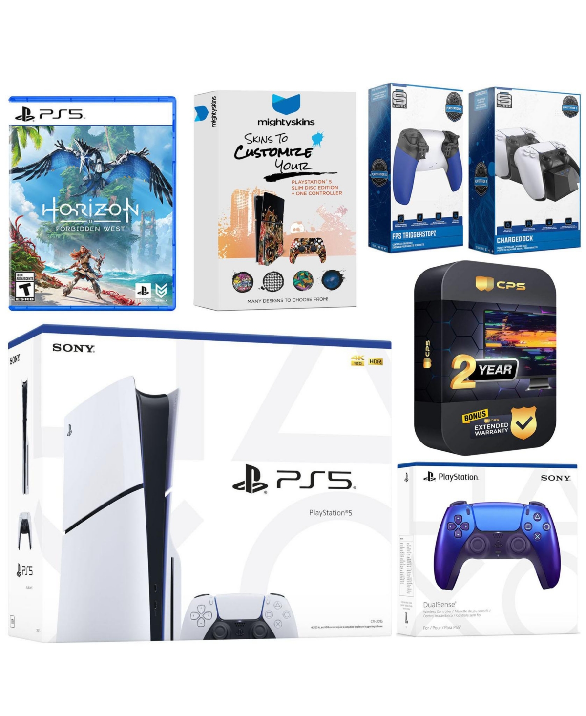 Sony Playstation 5 Slim Disc with Horizon Forbidden West, Extra Chroma Teal Controller, Trigger Stop Kit, Charge Dock and MightySkins Decal Voucher +