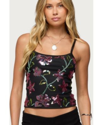 Womens Beaded Floral Embroidered Tank Top