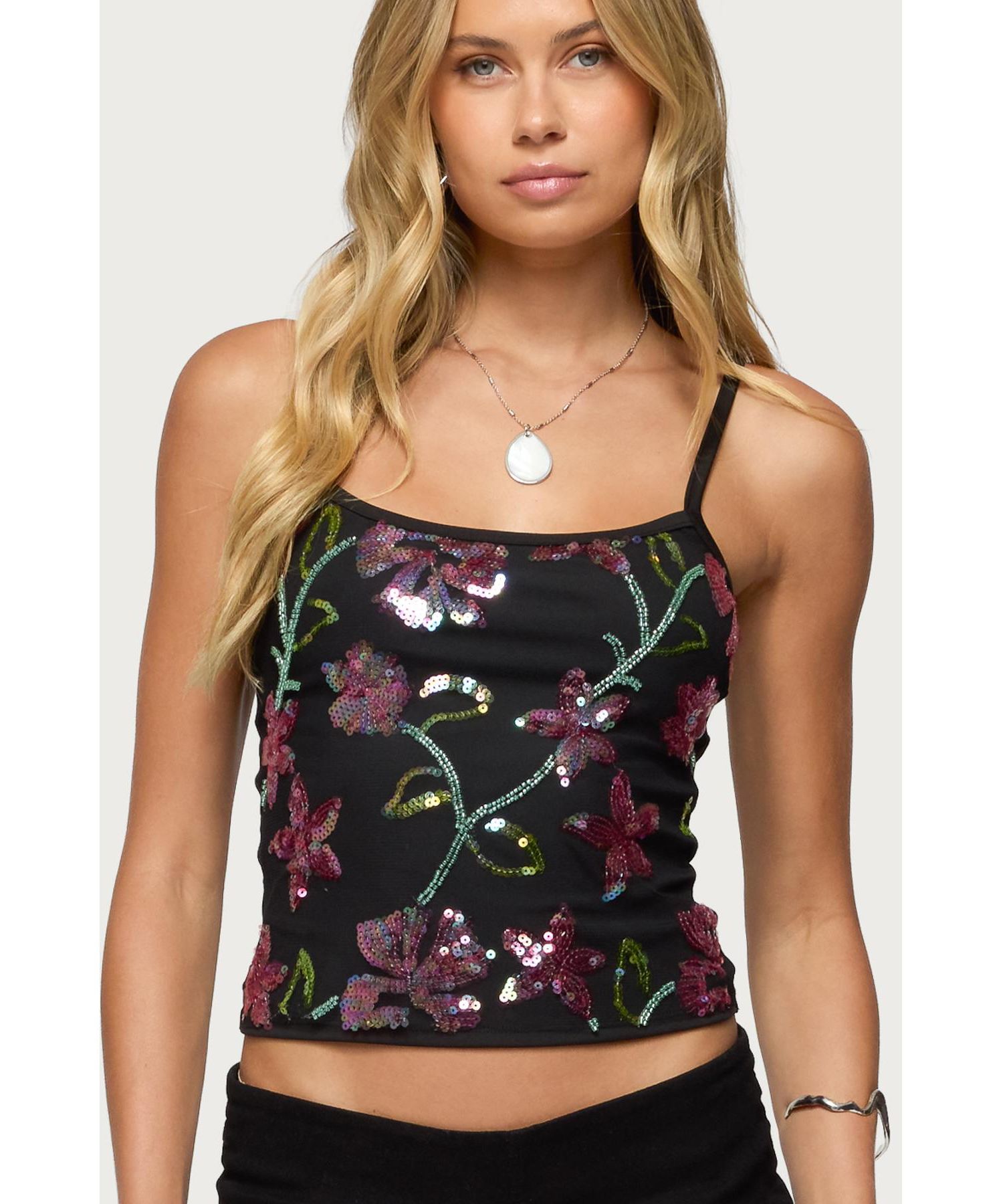 Womens Beaded Floral Embroidered Tank Top