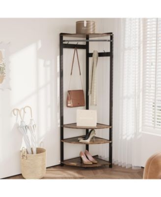 3-In-1 Narrow Corner Coat Rack Stand with Shoe Bench & Storage Shelf for Hallway, Bedroom, Living Room - Space Saving Coat Hooks & Shoe Rack