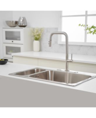 Single Handle Pull-Down Sprayer 1 Spray High Arc Kitchen Faucet With Deck Plate in Brushed Nickel