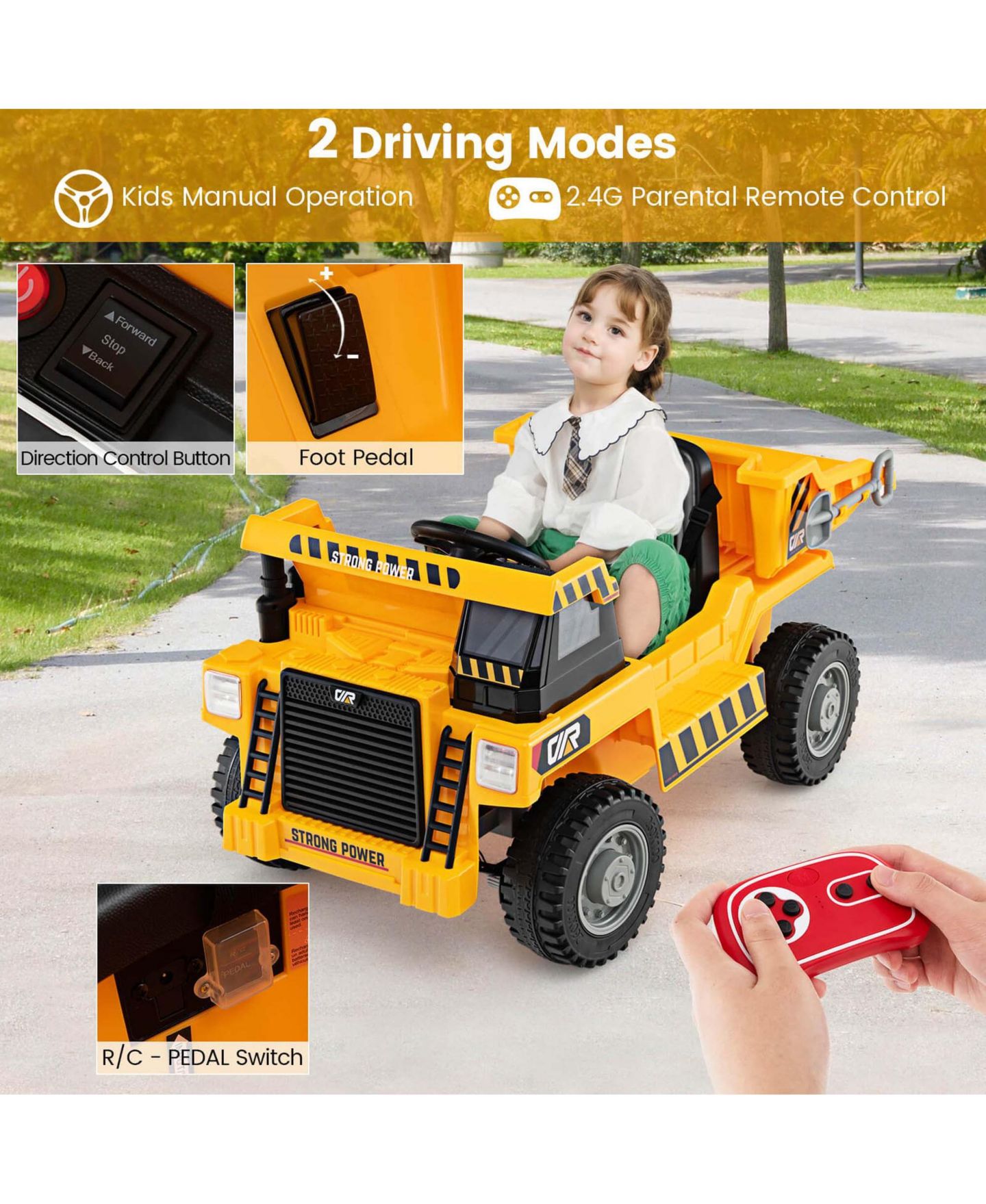 Детская игрушка Costway Ride-On Dump Truck with Remote Control and LED Lights, от 3 лет, цвет: Жёлтый — фото 5