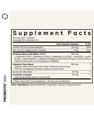 Probiotic+ 100 Billion CFU Supplement - 12-Strain Probiotic Blend, Prebiotic Fiber, Postbiotics, Vitamin D3, Zinc, For Men & Women, 30 Capsules