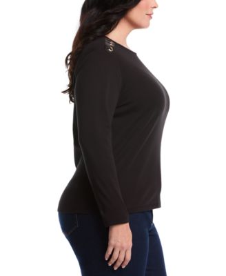 Plus Size Laced Crew Neck Long Sleeve Top