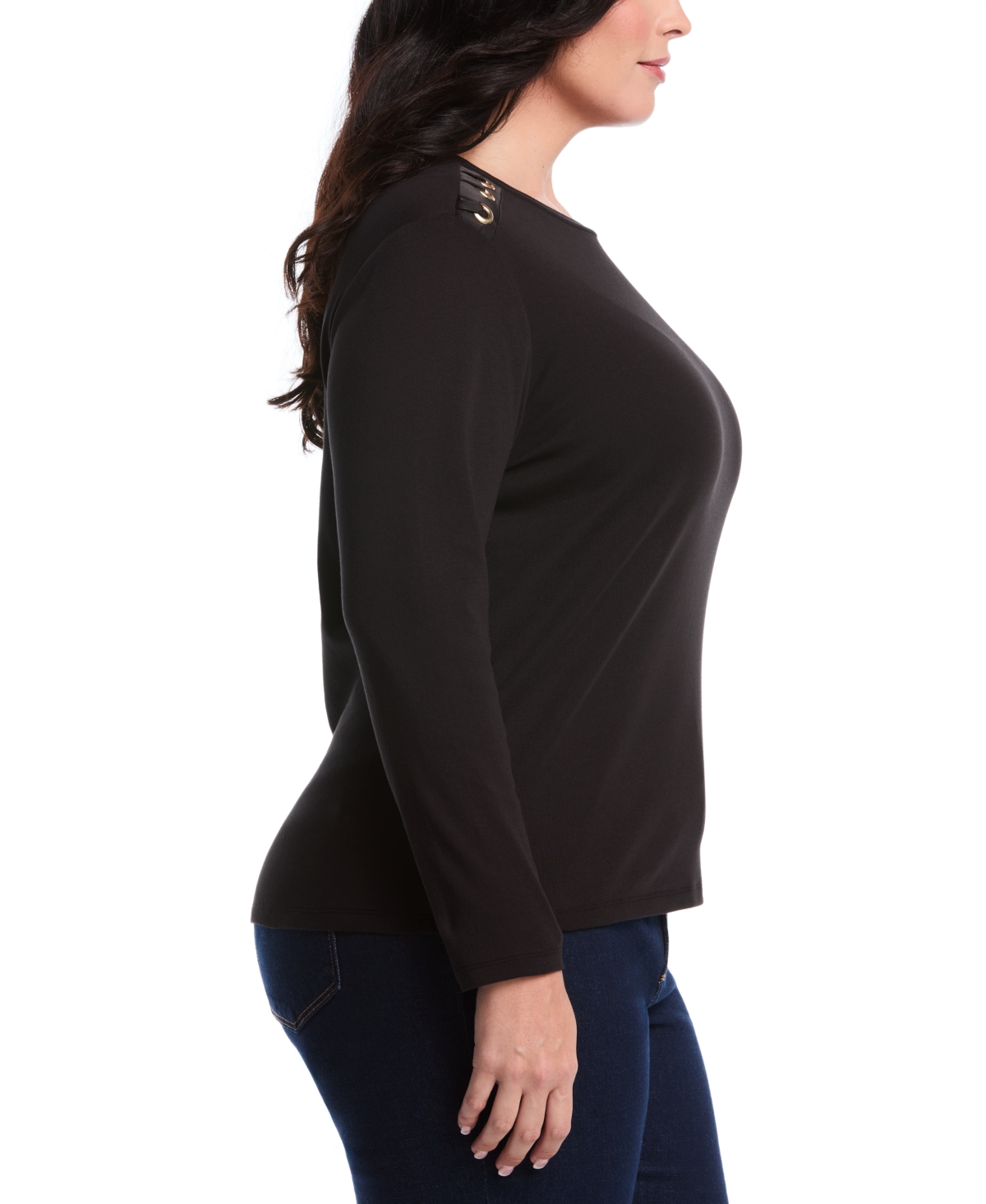 Rafaella Plus Size Laced Crew Neck Long Sleeve Top In Black