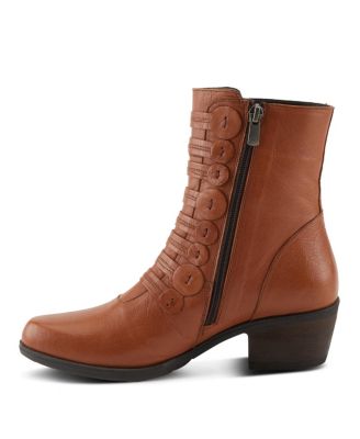 Garibaldi Leather Mid Boot with Decorative Lace and Button Detail on Block Heel