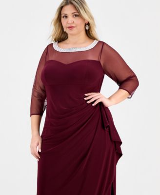 Plus Size Illusion-Trim Ruffled Gown