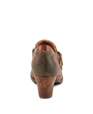 L Artiste Women s Graphic Handpainted Floral Leather Shooties with Antique Buckle and Stacked Heel