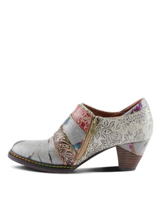 L Artiste Women s Graphic Handpainted Floral Leather Shooties with Antique Buckle and Stacked Heel