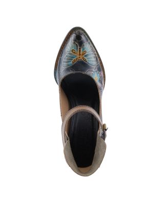 L Artiste Women s FOXGLOVE Leather Pumps with Floral Butterfly Art, Ankle Strap, and Stacked Western Heel