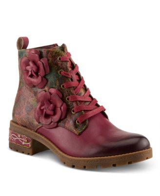 L’Artiste Women’s MARTINELA Floral Appliqu&eacute; Leather Boot with Rainbow Stitching and Lace-Up Detail