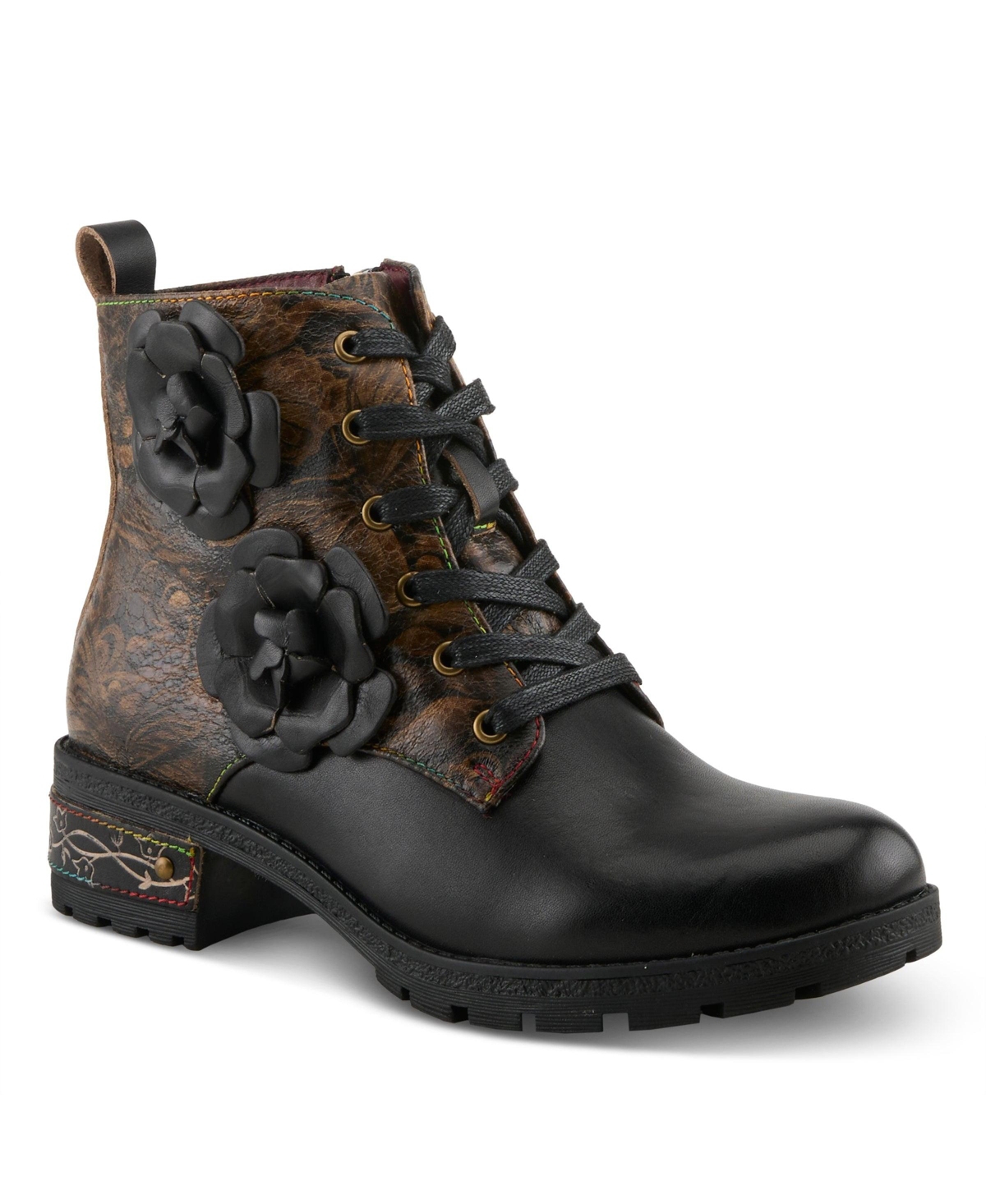 L'Artiste Women's Martinela Floral Applique Leather Boot with Rainbow Stitching and Lace-Up Detail