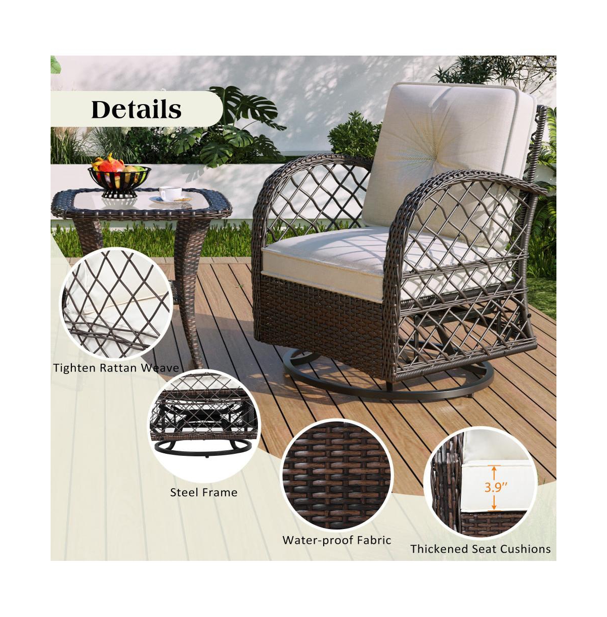 Chic Crate - 3-Piece Rattan Outdoor Furniture Set Modern Swivel Chairs & Square Table with Chat Group Design