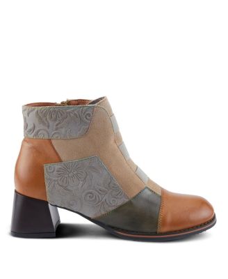 L’Artiste Women’s COPINE Multicolor Embossed Leather & Suede Booties with Velvet Lining and Chunky Heel