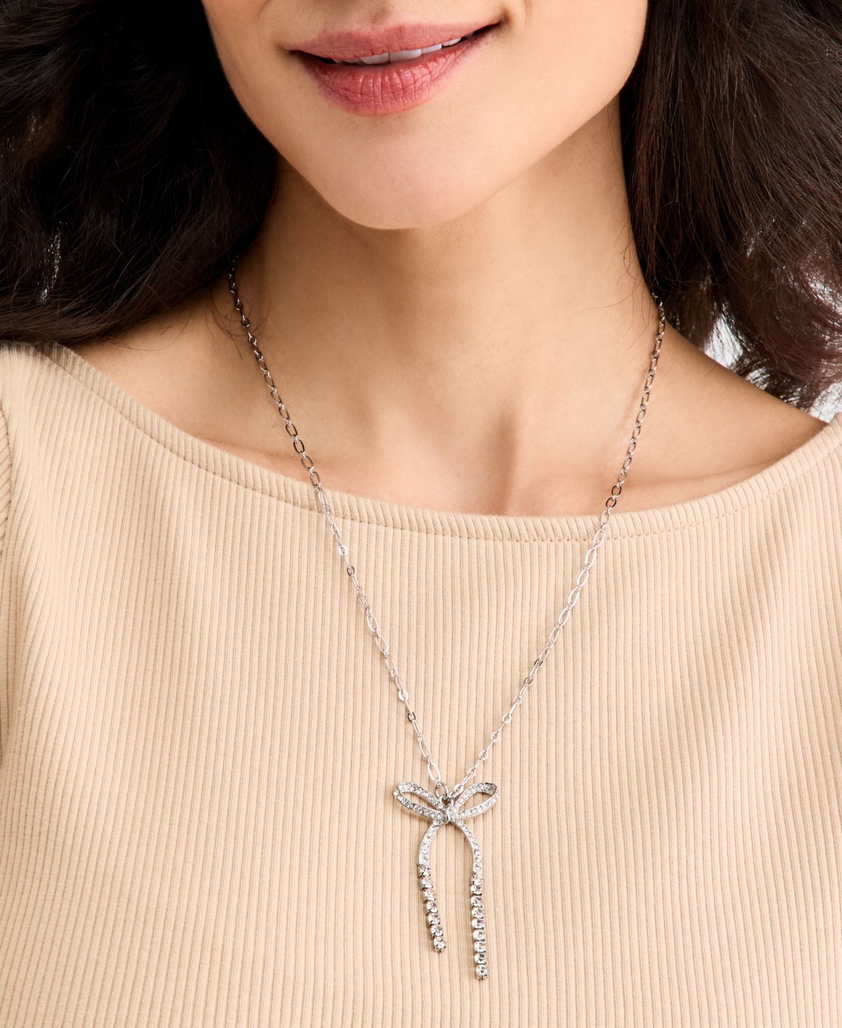 On 34th Crystal Bow Pendant Necklace, 22" + 2" extender, Macy's Exclusive
