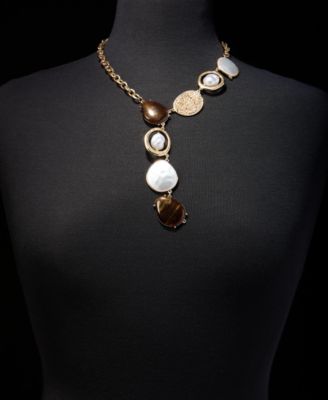Disc, Stone & Imitation Pearl Lariat Necklace, Macy's Exclusive