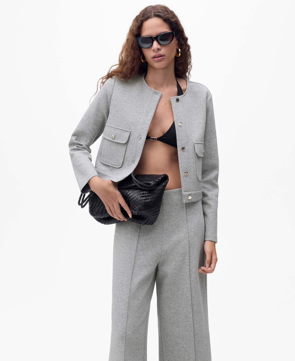 Mango Cotton Blend Crop Utility Jacket In Gray