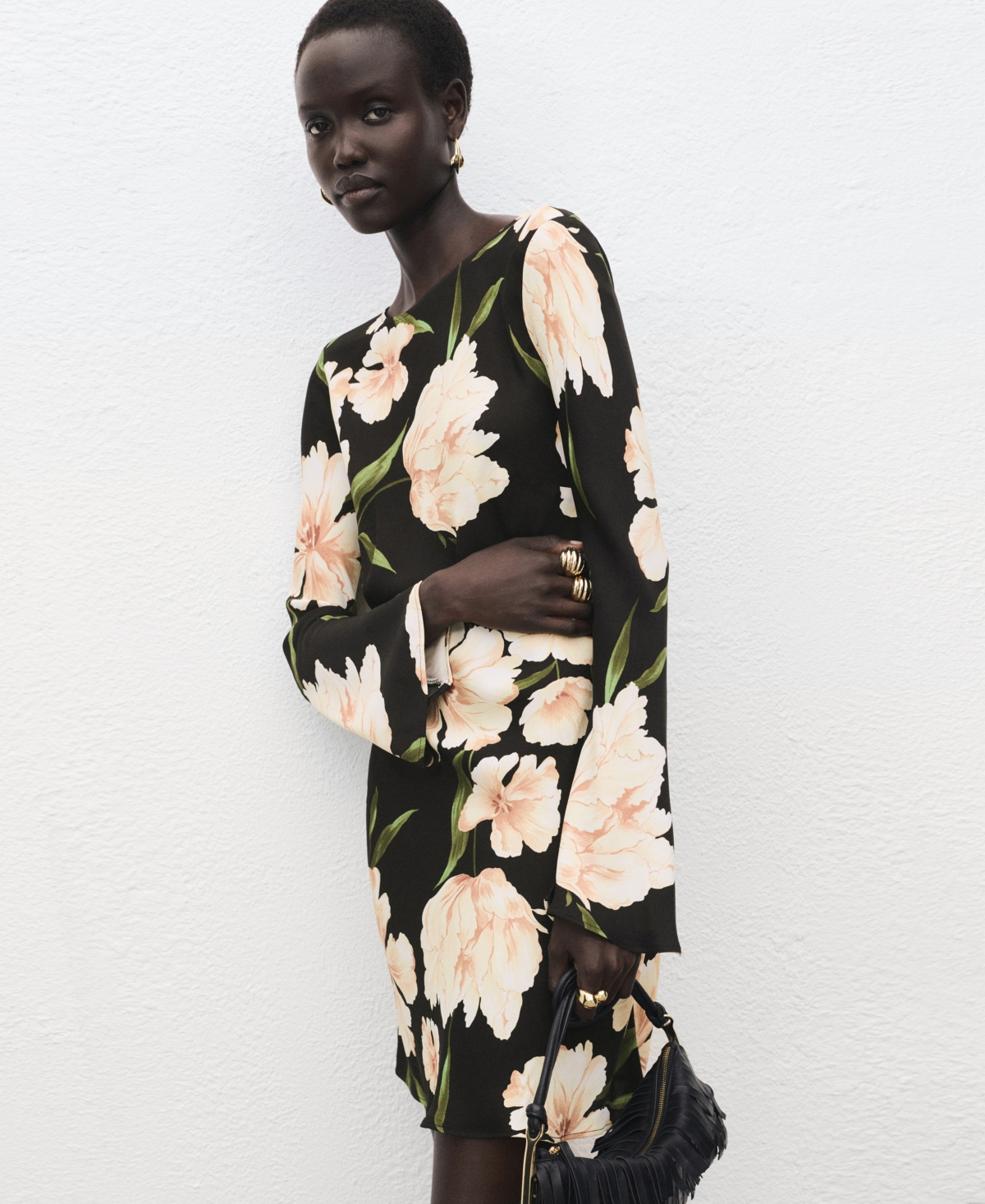 Mango Short Floral-print Dress In Black