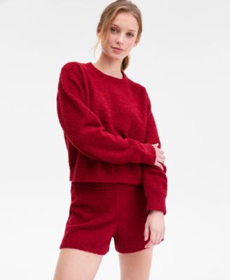 Calvin Klein Womens Cropped Plush Lounge Sweatshirt Plush Shorts In Red