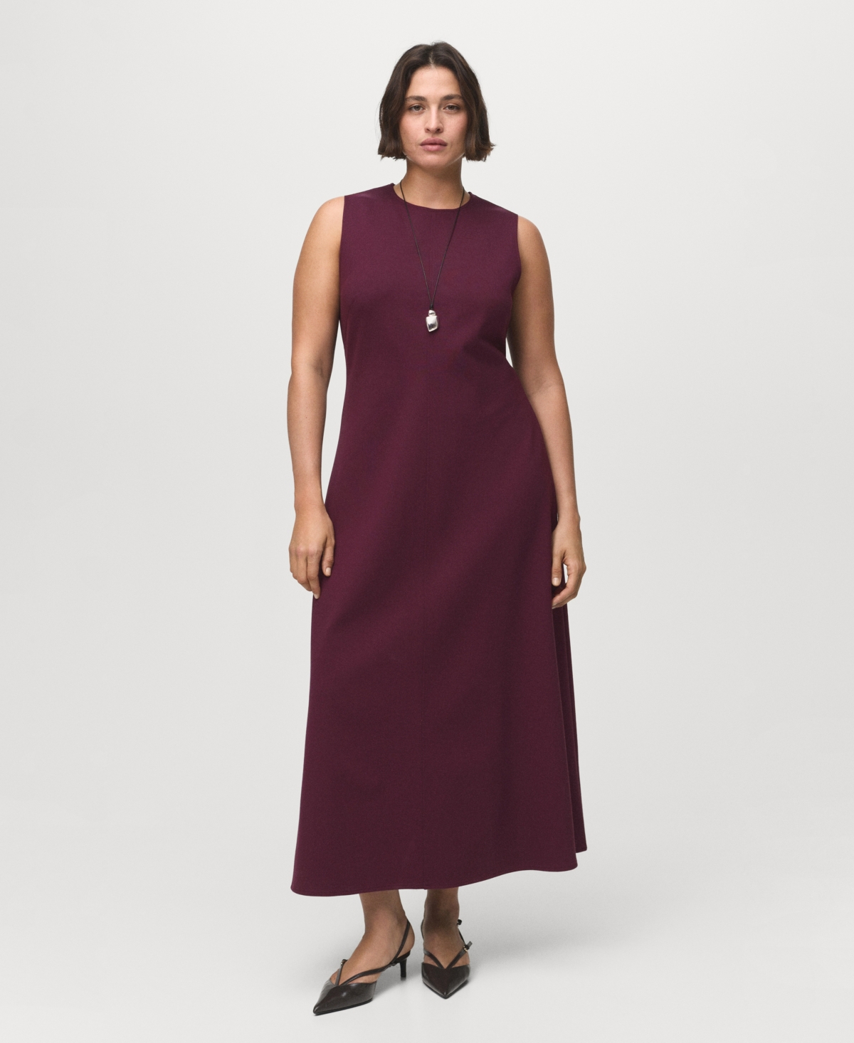 Mango Long Flared Dress Burgundy In Burgundy