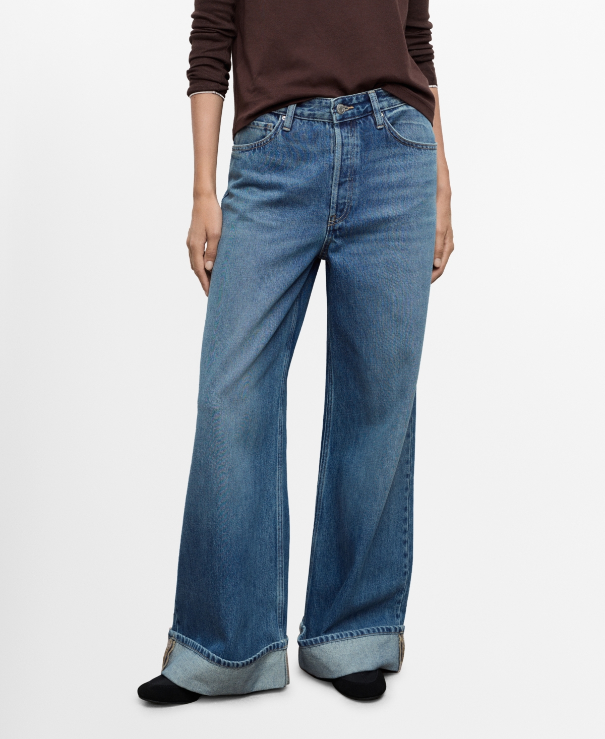 Mango Jean Large À Revers Bleu Moyen - Femme - 44 -  In Blue
