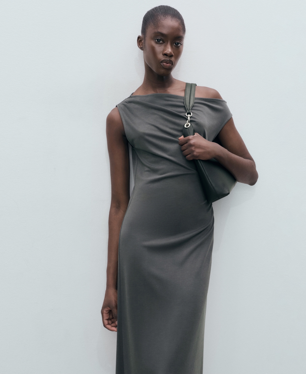 Mango Asymmetrical Pleated Dress Charcoal In Black