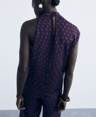 Women's Draped Collar Polka-Dot Blouse