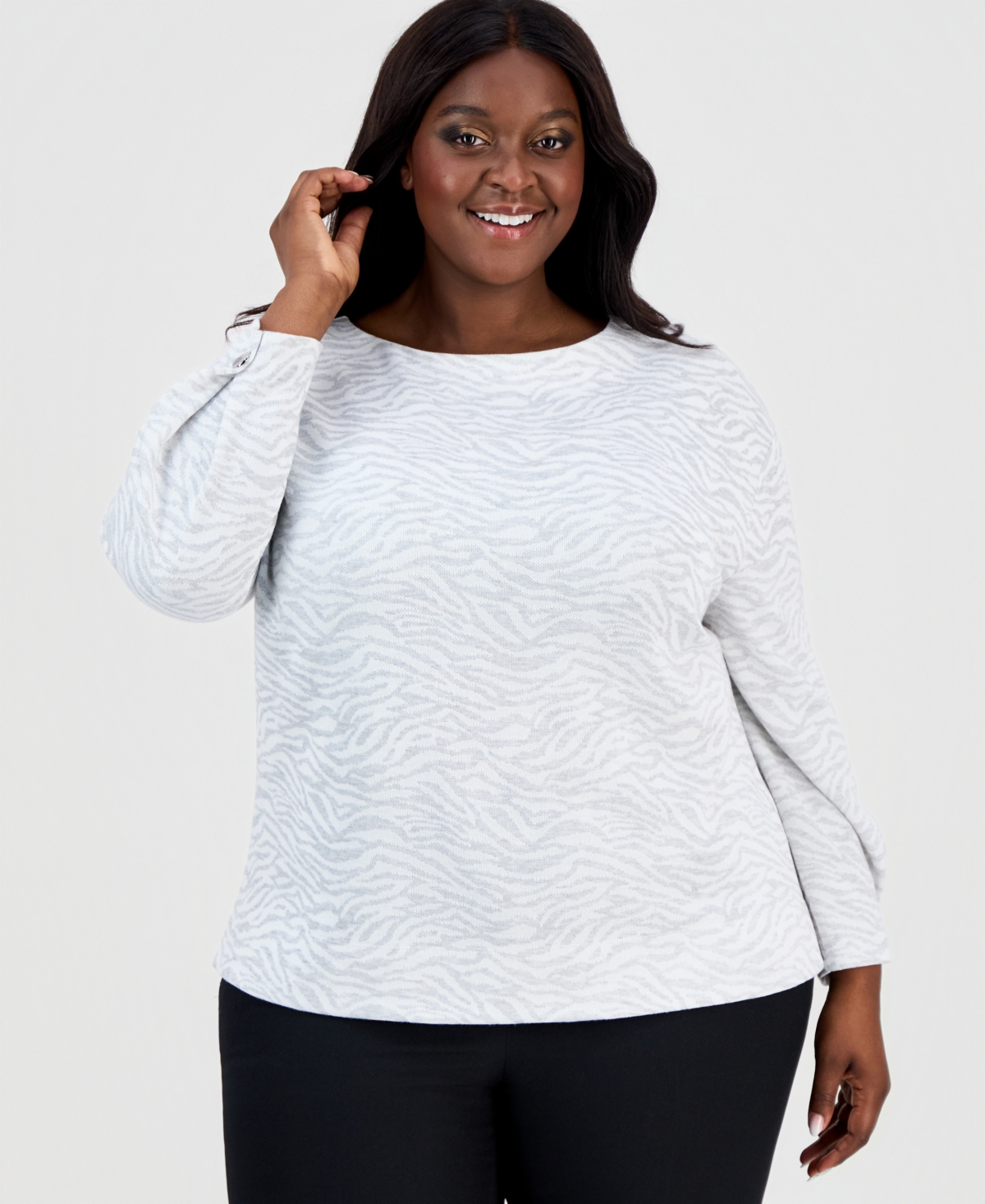 Anne Klein Plus Boat-Neck Foldover-Sleeve Sweater