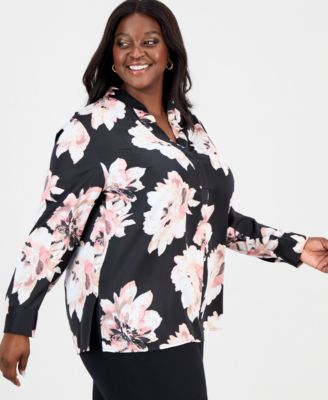 Plus Size Mandarin-Collar Buttoned-Cuff Top