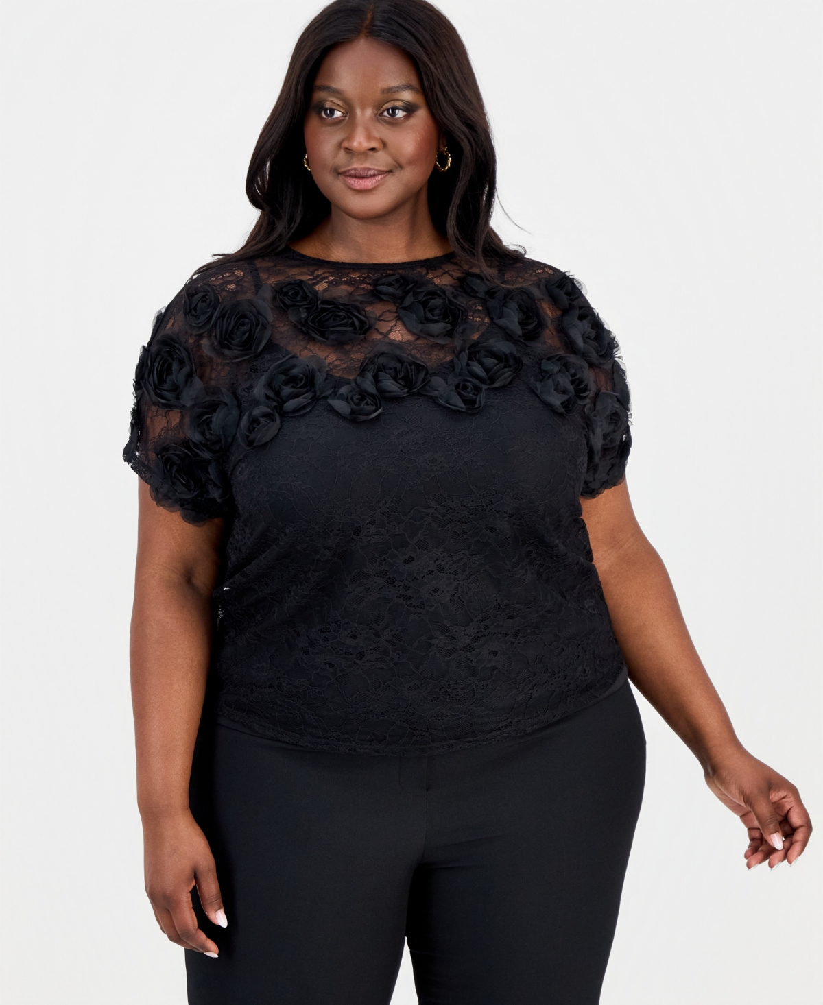 Anne Klein Plus Lace Rosette-Trim Top