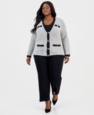 Plus Size Metallic-Threaded Boucl&eacute; Cardigan