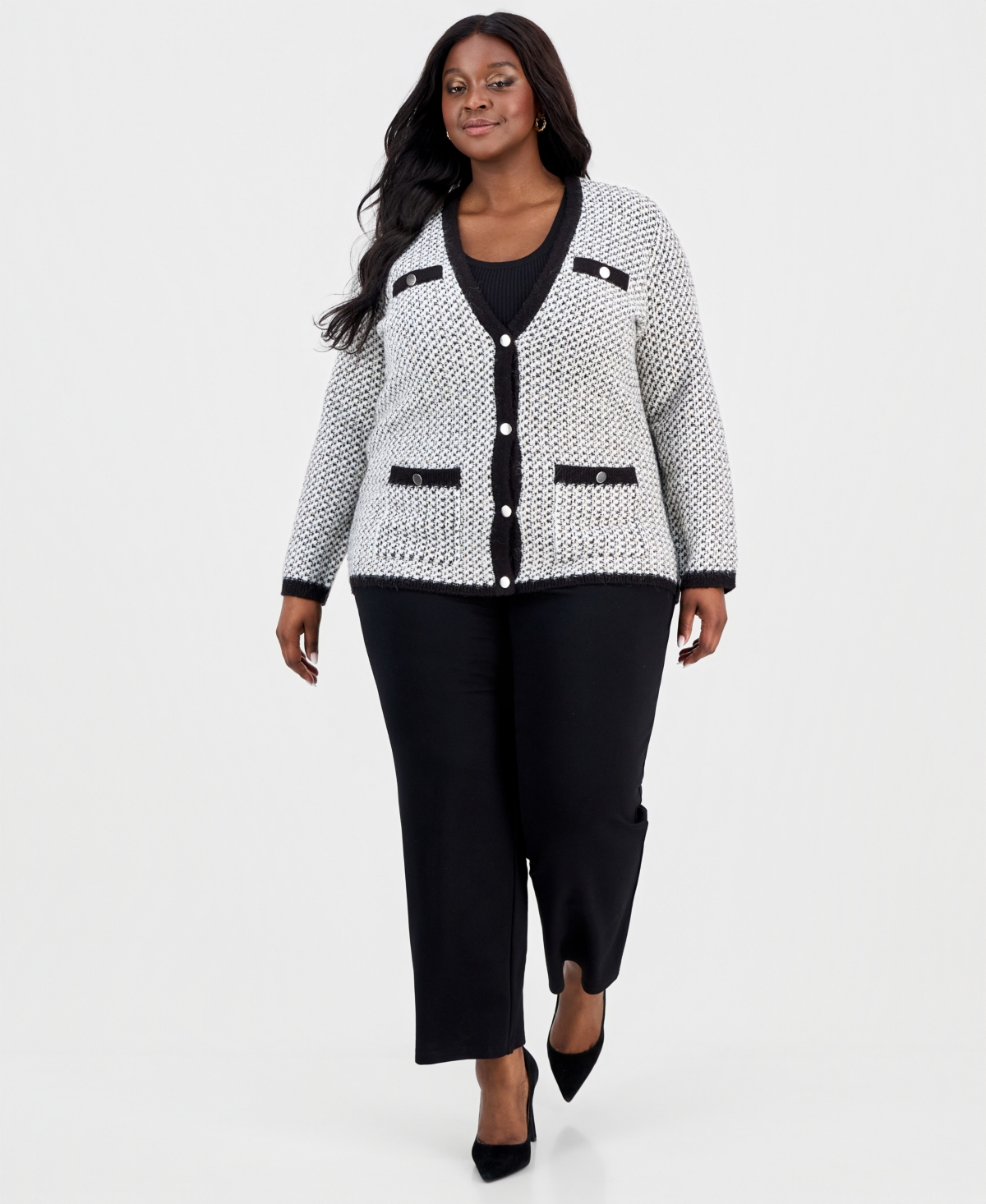 Anne Klein Plus Metallic-Threaded Boucle Cardigan
