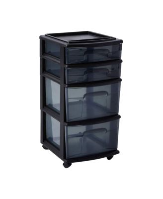 Tall Solid Plastic 4 Drawer Medium Storage Cart with Caster Wheels, Black
